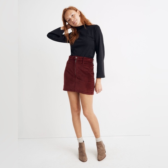 Madewell Stretch Velveteen Straight Zip Mini Skirt Maroon Sz 28 - Picture 1 of 6